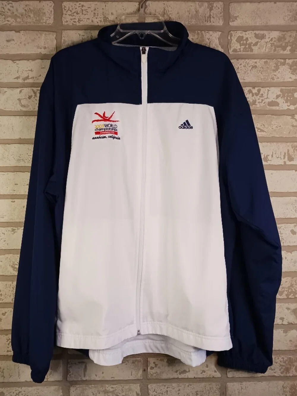 adidas 2003 World Champion Gymnastics Mens Large Jacket Zip Up White & Blue